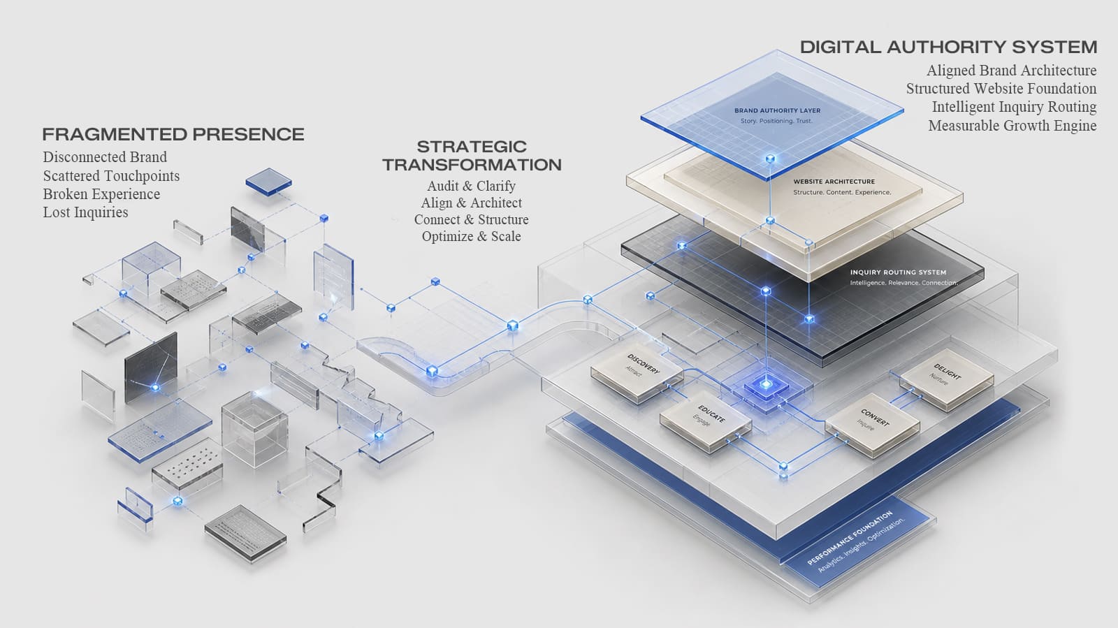 Digital architecture case studies diagram showing fragmented digital presence transformed into a structured authority system